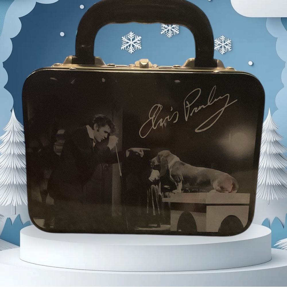 This black lunchbox or purse with pictures front and back of Elvis Presley - Picture 2 of 8